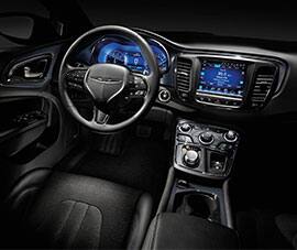 2015 Chrysler 200 black interior front seats showing console