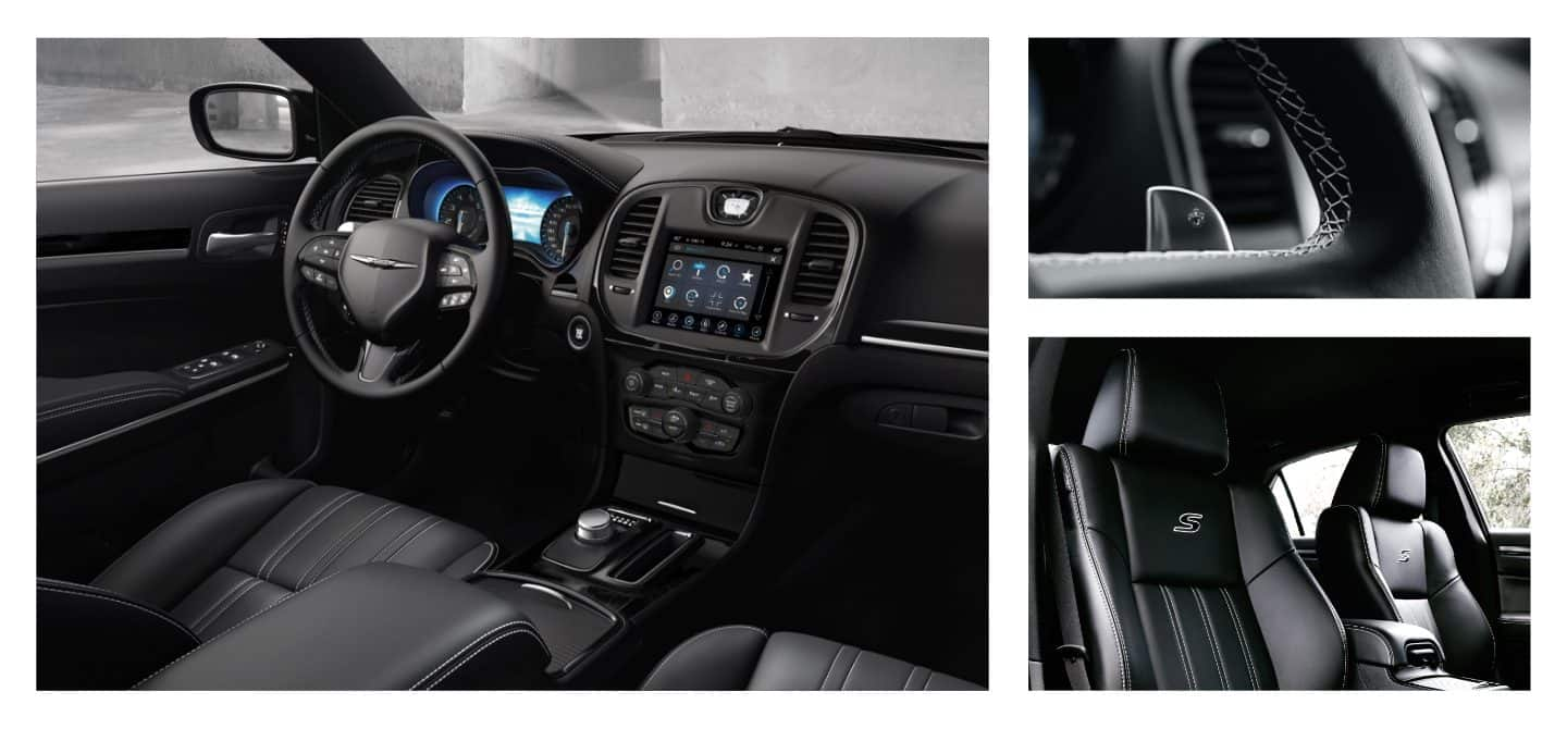 Un collage de tres imágenes del interior del Chrysler 300 2023 que muestra los asientos delanteros y el tablero, la paleta de cambios y los respaldos de los asientos bordados