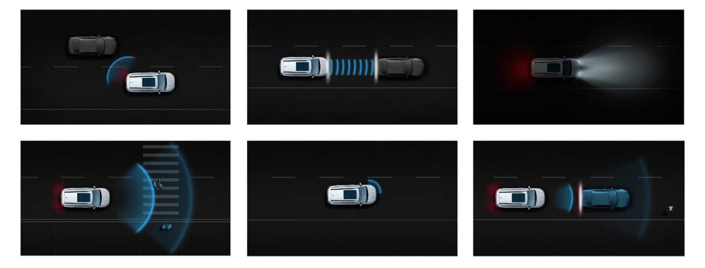 Grupo de seis ilustraciones que muestran algunas de las características de seguridad y protección incluidas o disponibles en la Chrysler Pacifica 2023.