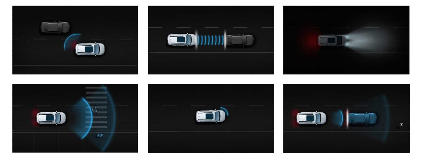 A group of six illustrations demonstrating some of the safety and security features included or available on the 2023 Chrysler Pacifica.