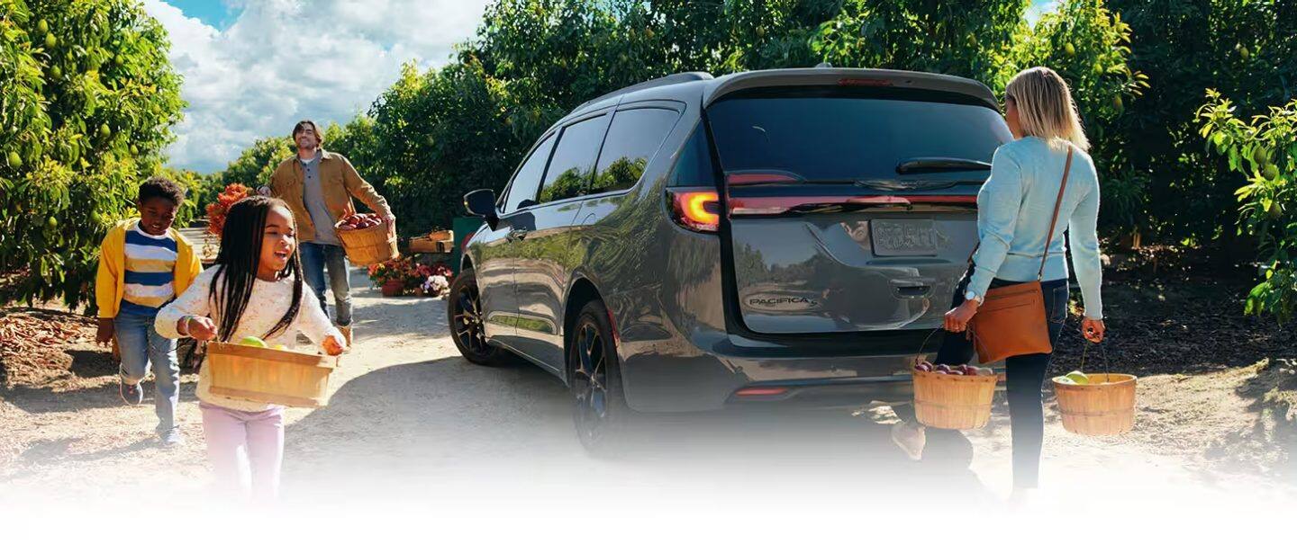 La Chrysler Pacifica Limited gris 2023 con paquete de apariencia S estacionada en un huerto. Una madre que carga cestas de fruta con ambas manos agita el pie debajo de la defensa trasera para abrir la puerta levadiza eléctrica. El padre y dos niños llevan cestas de productos hacia el vehículo.