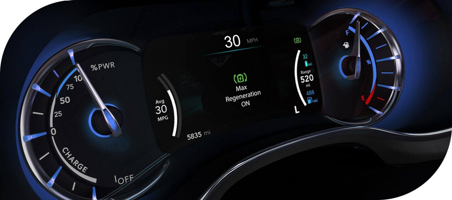 The Digital Cluster Display in the 2026 Chrysler Pacifica Plug-in Hybrid displaying that maximum regenerative braking is active.