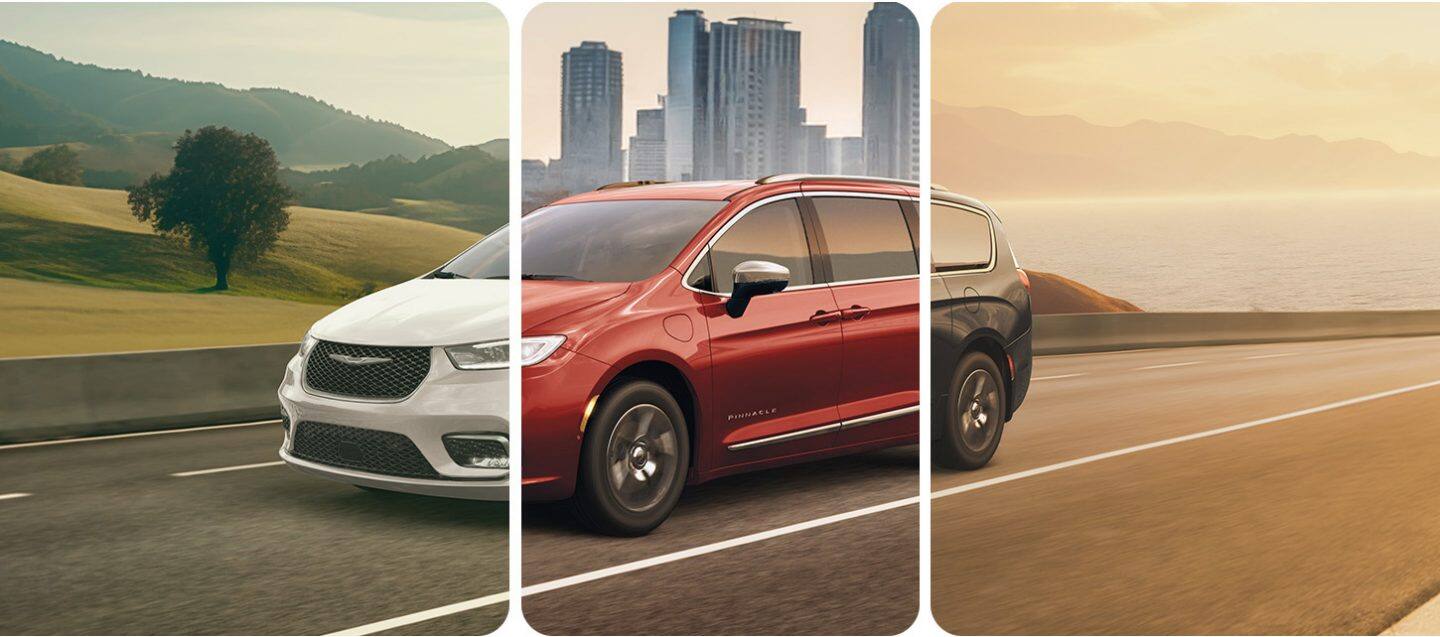 A 2026 Chrysler Pacifica Plug-in Hybrid Pinnacle divided into three slices with different exterior colors and different backgrounds. From left to right: a white Pinnacle with fields in the background, a red Pinnacle with highrise buildings in the background and a black Pinnacle with the ocean and mountains in the background.