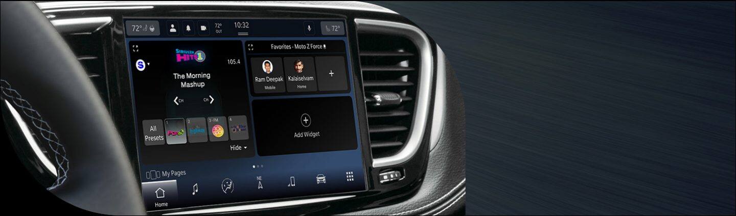 The Uconnect touchscreen in the 2026 Chrysler Pacifica, displaying the current and favorite selections on SiriusXM.