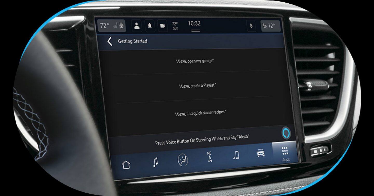 The Uconnect touchscreen in the 2026 Chrysler Pacifica, displaying the Amazon Alexa getting started page.