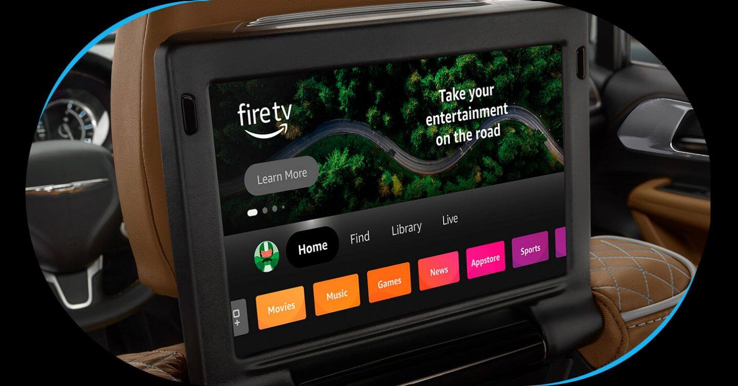 One of the dual front seatback-mounted touchscreens for second-row passengers in the 2026 Chrysler Pacifica, displaying Amazon FireTV.