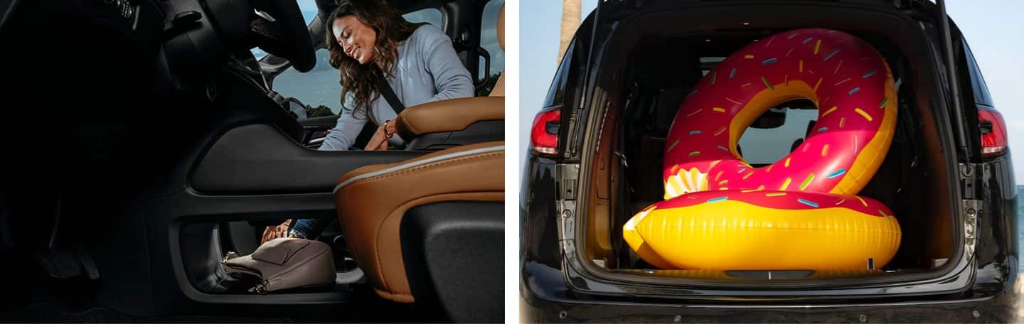 A woman in the front passenger seat of the 2022 Chrysler Pacifica Hybrid Pinnacle reaches for a bag located in the pass-through area under the center console. The rear compartment of the 2022 Chrysler Pacifica Hybrid Pinnacle filled with two large, doughnut-shaped inflatable pool floats.