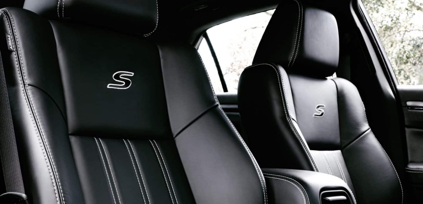 Display A close-up of the embroidered S on the seat backs of the 2023 Chrysler 300 S.