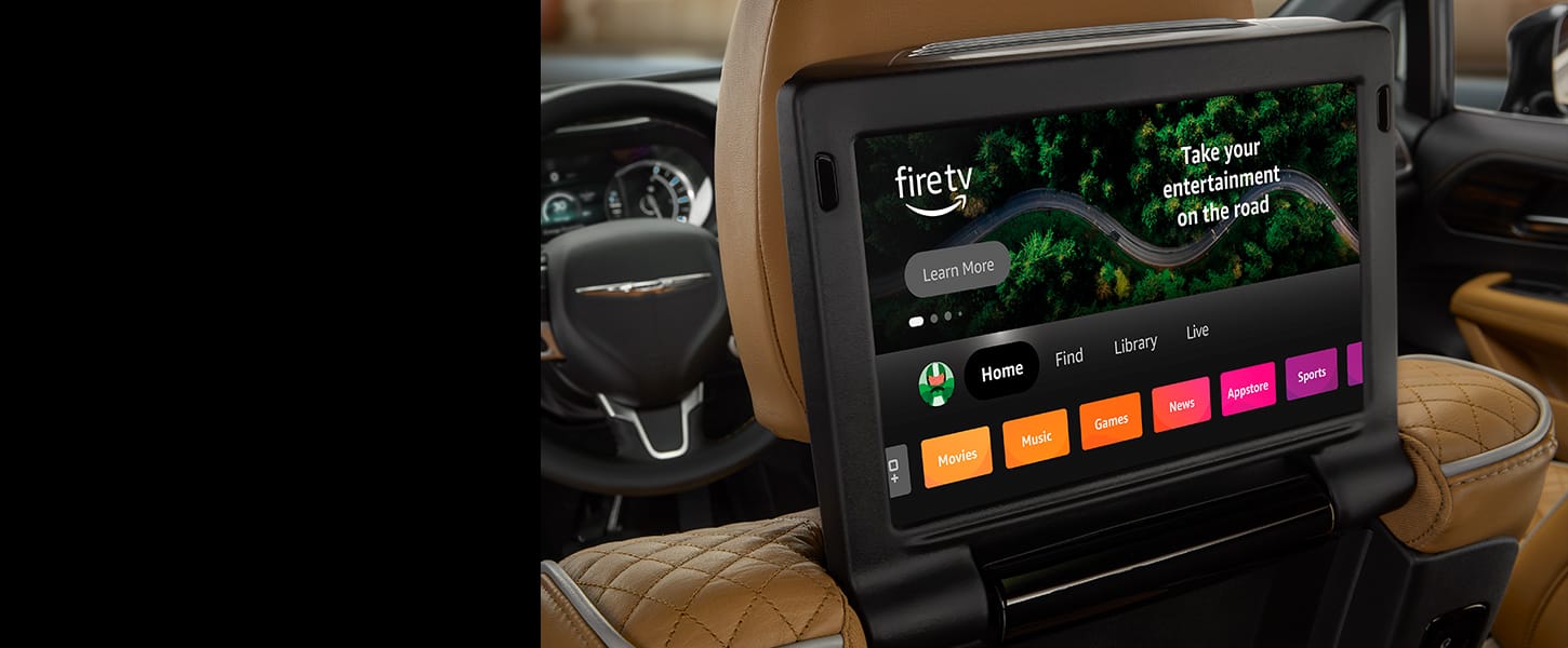 A close-up of the seatback-mounted touchscreen in the 2023 Chrysler Pacifica Pinnacle Hybrid displaying a choice of streaming apps and channels.