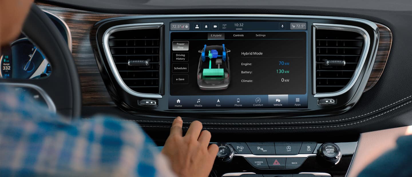 The Uconnect touchscreen in the 2023 Chrysler Pacifica Hybrid displaying the Hybrid Pages.