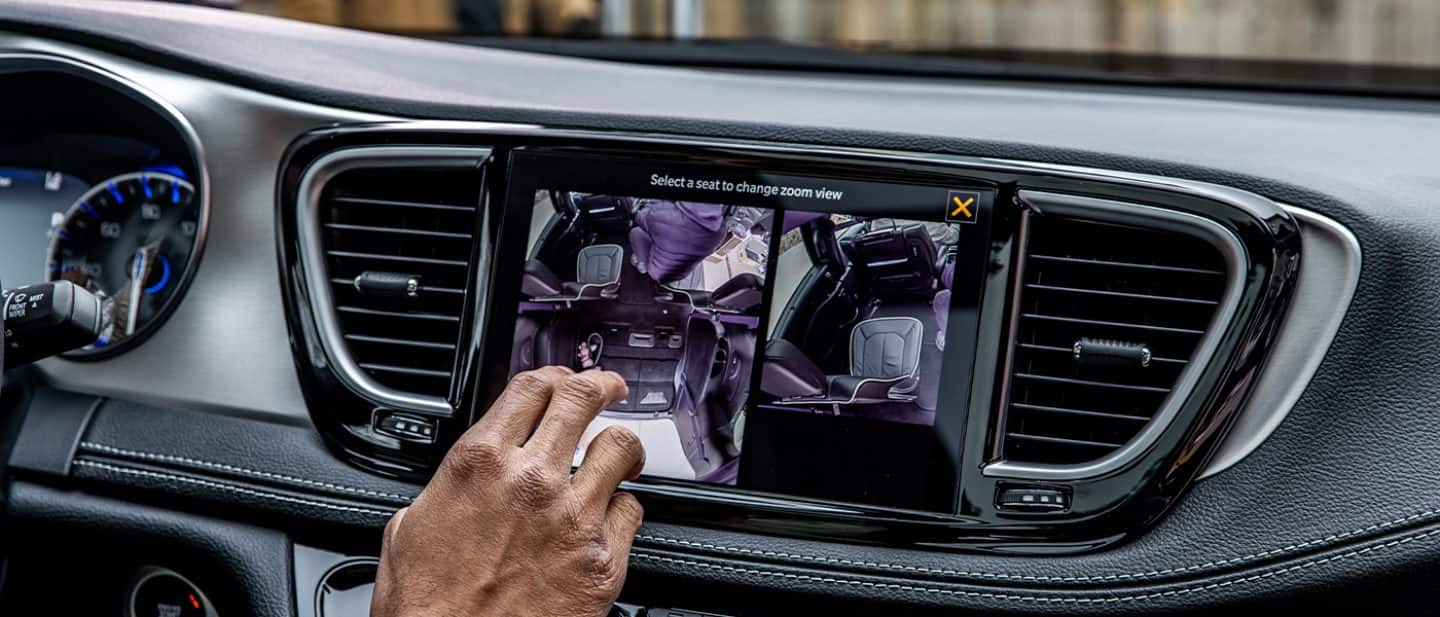  Pacifica Navigation screen displaying multiple different camera views of the inside interior. 