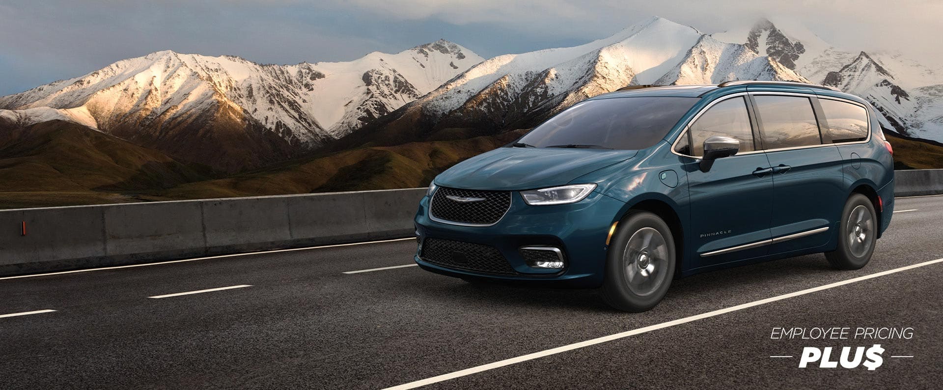 A blue 2025 Chrysler Pacifica Pinnacle Plug-in Hybrid being driven on a highway with mountains in the background. Employee Pricing Plus sales event.