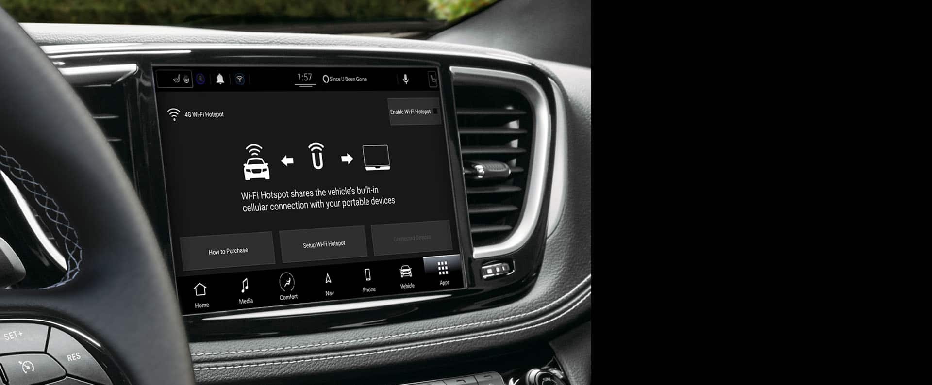 The Uconnect touchscreen in the 2025 Chrysler Pacifica Plug-in Hybrid, displaying the Wi-Fi Hotspot connection page.
