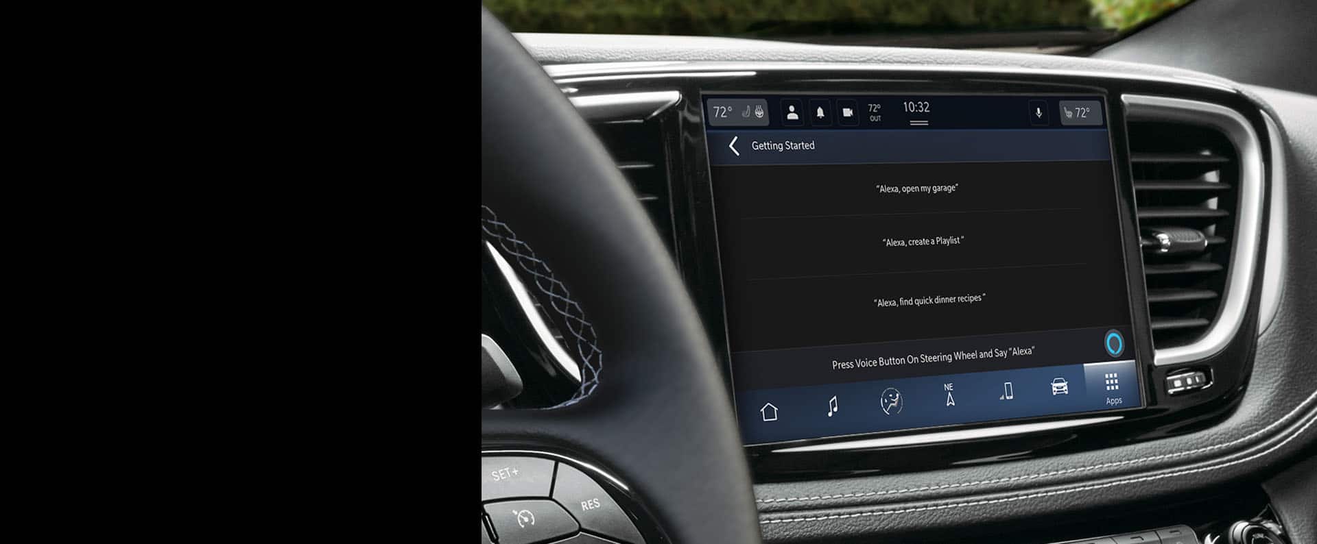 The Uconnect touchscreen in the 2025 Chrysler Pacifica Plug-in Hybrid, displaying the Amazon Alexa getting started page.