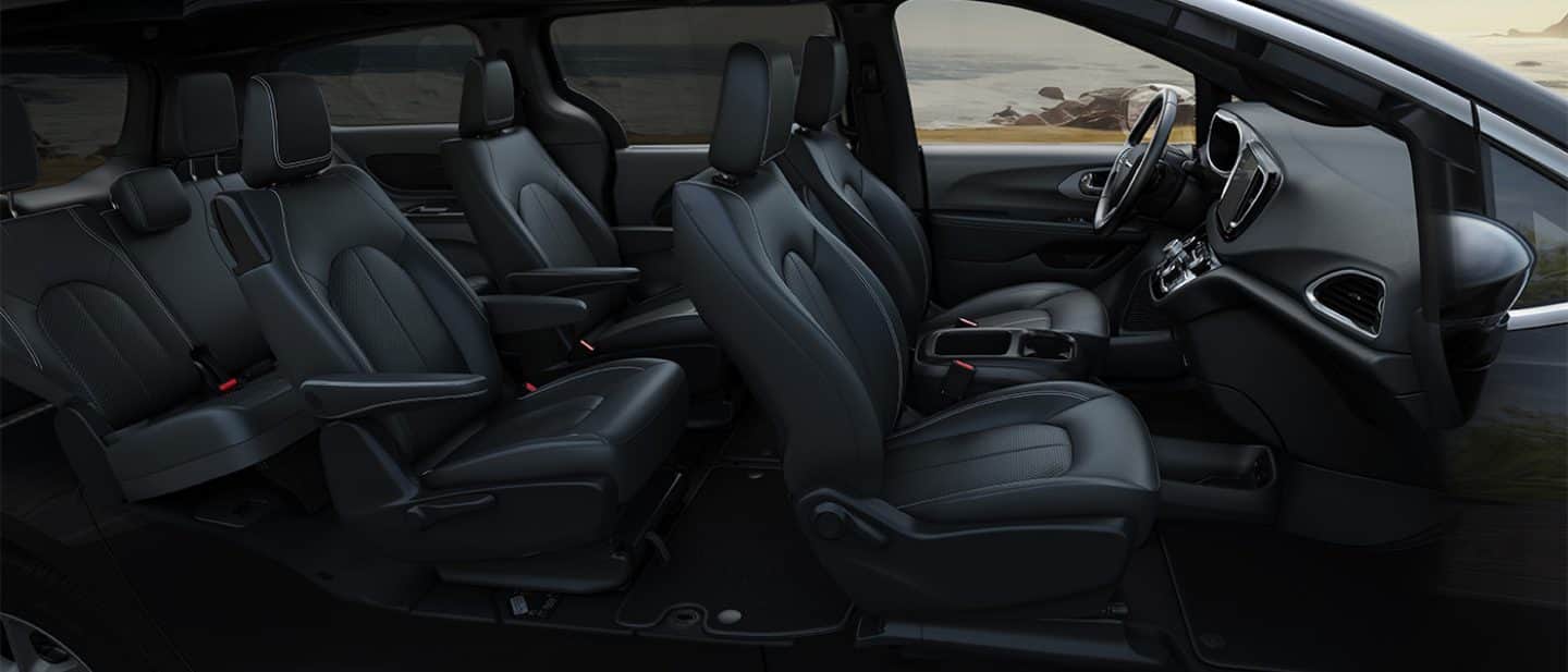 Display A passenger-side cutaway angle of the three rows of seats in the 2025 Chrysler Voyager LX.