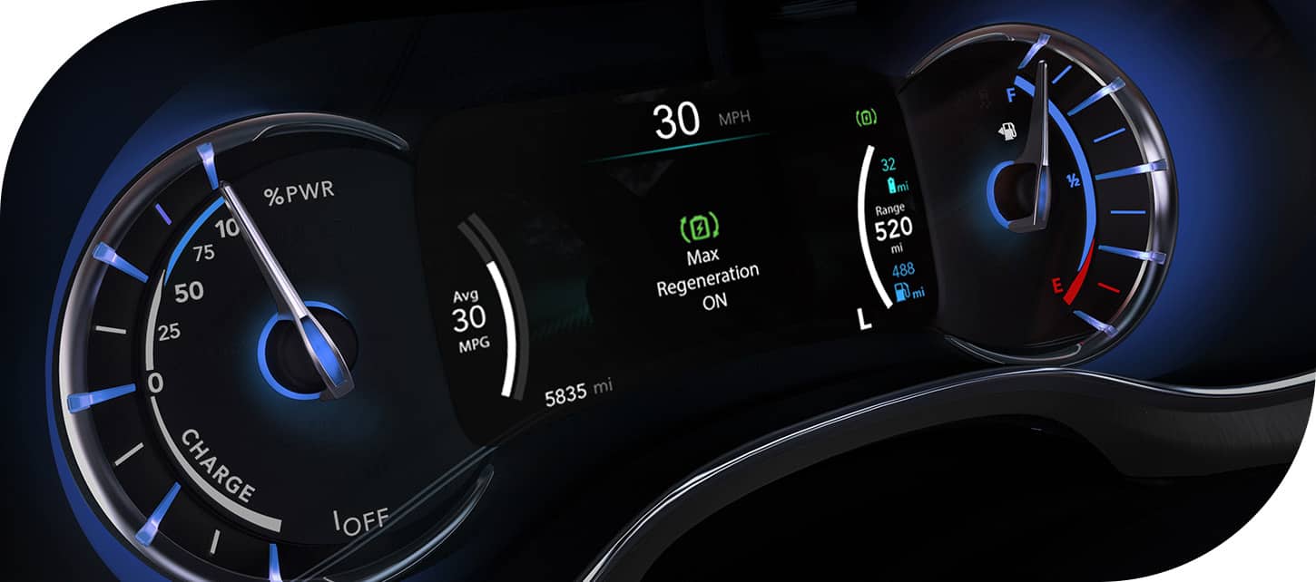 The Digital Cluster Display in the  2026 Chrysler Pacifica Plug-in Hybrid displaying that maximum regenerative braking is active.