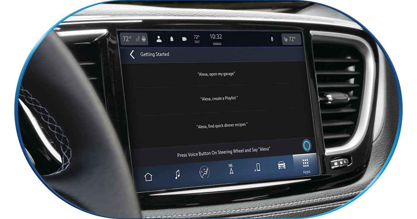 The Uconnect touchscreen in the 2026 Chrysler Pacifica Plug-in Hybrid displaying the Amazon Alexa Getting Started page.