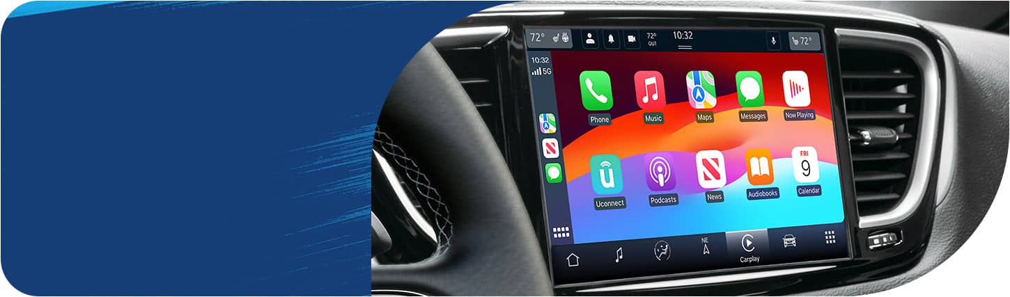 The Uconnect touchscreen in the 2026 Chrysler Pacifica Plug-in Hybrid, displaying Apple CarPlay selections.