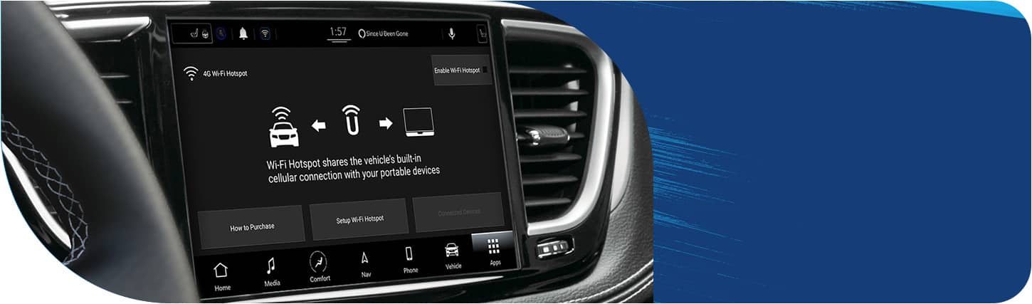 The Uconnect touchscreen in the 2026 Chrysler Pacifica Plug-in Hybrid displaying the Wi-Fi Hotspot screen.