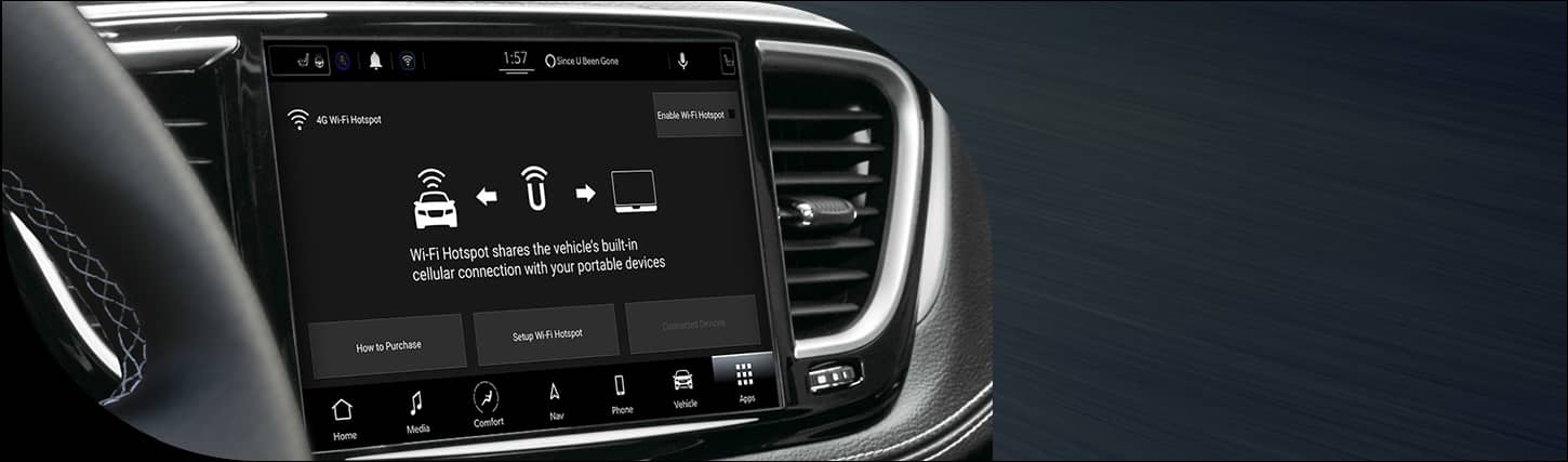 The Uconnect touchscreen in the 2026 Chrysler Pacifica, displaying the Wi-Fi Hotspot connection page.