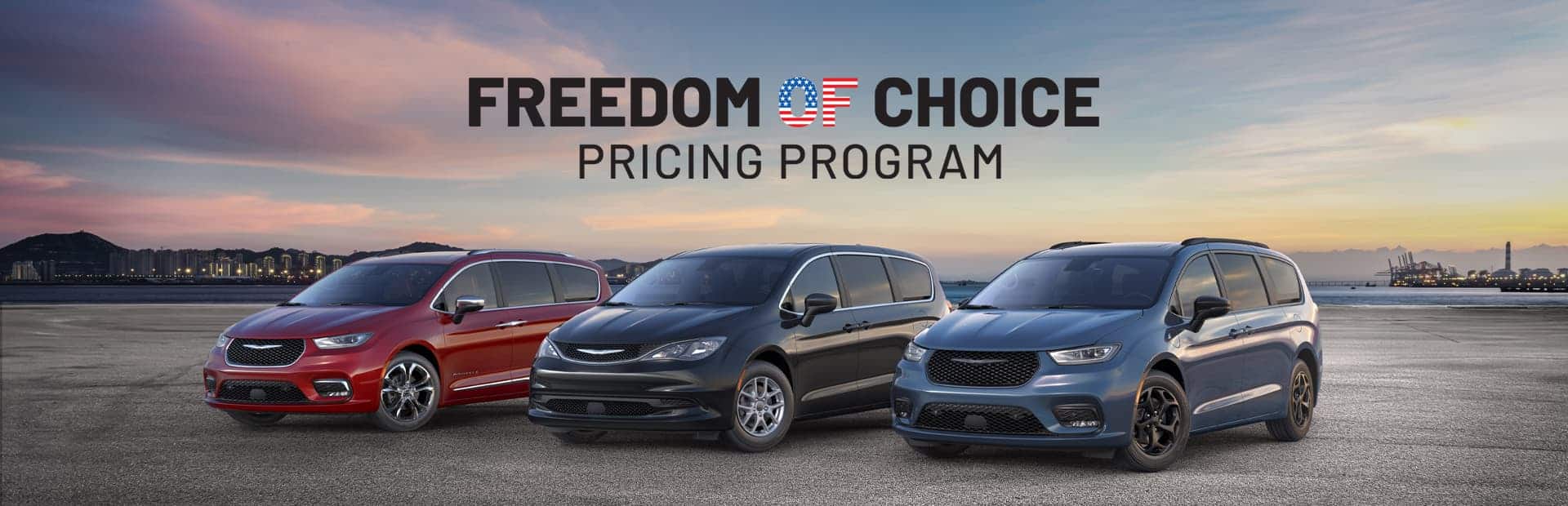 The 2025 Chrysler Brand minivan lineup: from left to right, a red Chrysler Pacifica Pinnacle, a black Chrysler Voyager LX and a blue Chrysler Pacifica Hybrid Select with the Premium S Appearance Package. Freedom of Choice sales event.