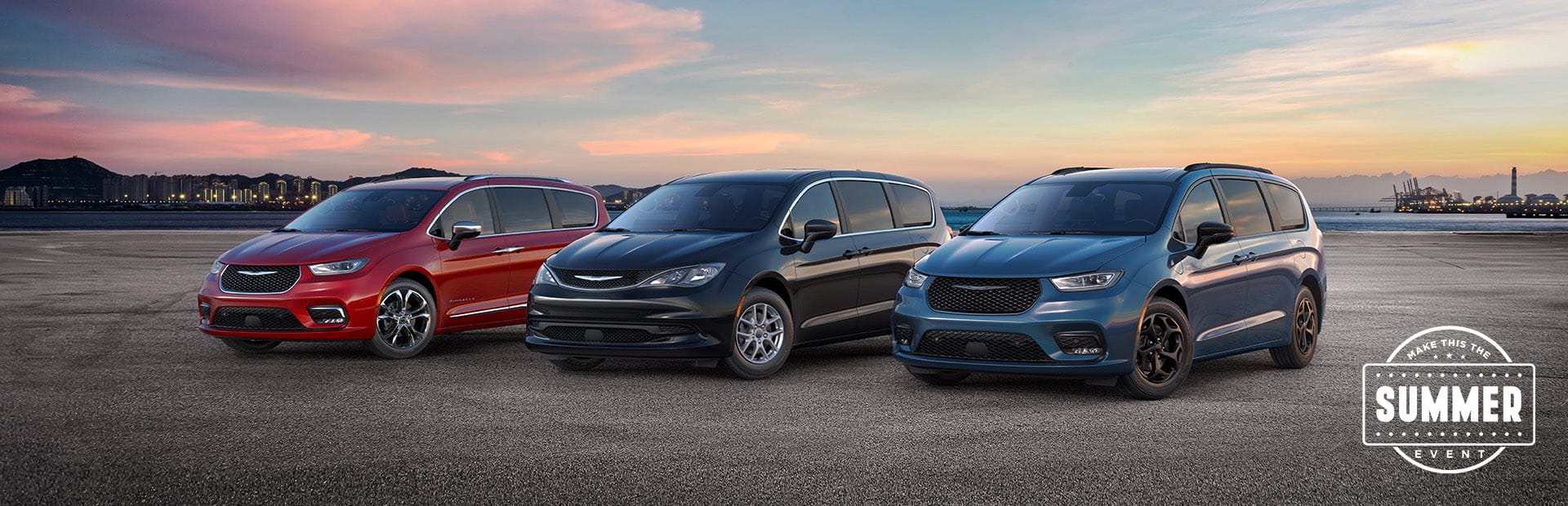 The 2025 Chrysler Brand minivan lineup: from left to right, a red Chrysler Pacifica Pinnacle, a black Chrysler Voyager LX and a blue Chrysler Pacifica Hybrid Select with the Premium S Appearance Package. Make this the Summer sales event.