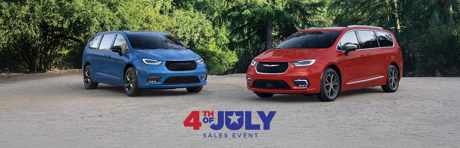 A blue 2026 Chrysler Pacifica Limited with the S Appearance Package and a red 2026 Chrysler Pacifica Pinnacle parked perpendicular to each other. 4th of July Sales Event.