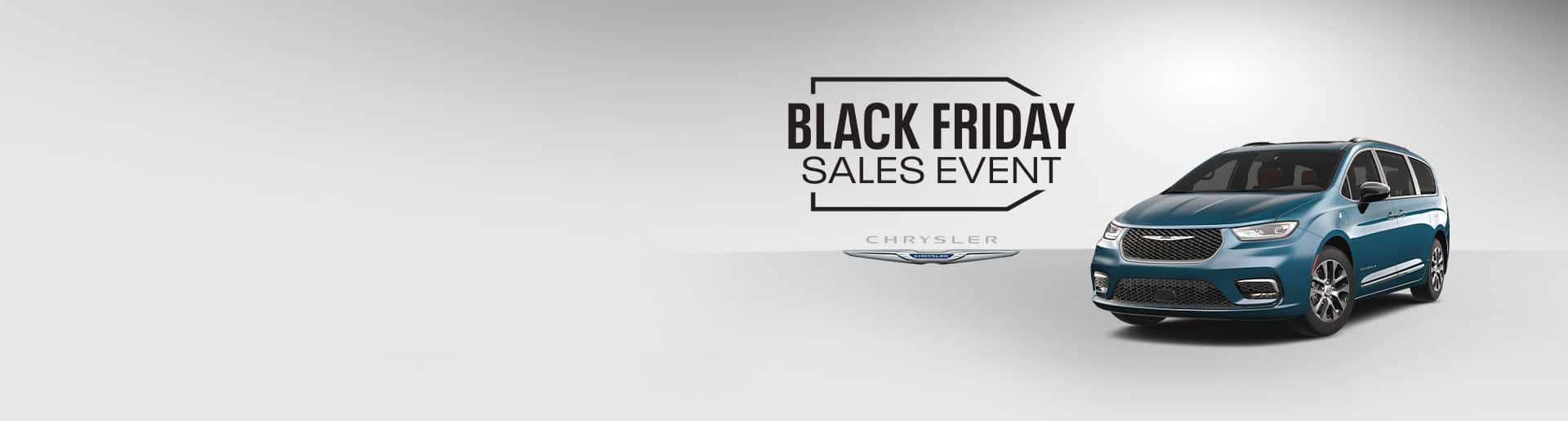 A blue Chrysler Pacifica Pinnacle Plug-in Hybrid. Black Friday Sales Eevent logo.