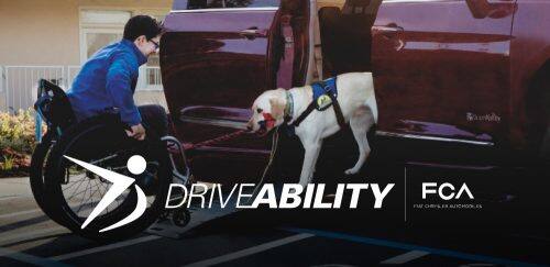 Driveability logo, FCA US LLC logo, and a service dog assisting a man in a wheelchair up a ramp to enter a Chrysler Pacifica.