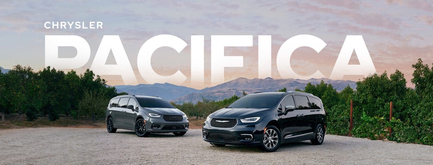 Chrysler Pacifica. Two 2021 Chrysler Pacifica models against a vast mountainous backdrop: a Pacifica Limited with the S Appearance Package on the left and a Pacifica Hybrid Pinnacle on the right.