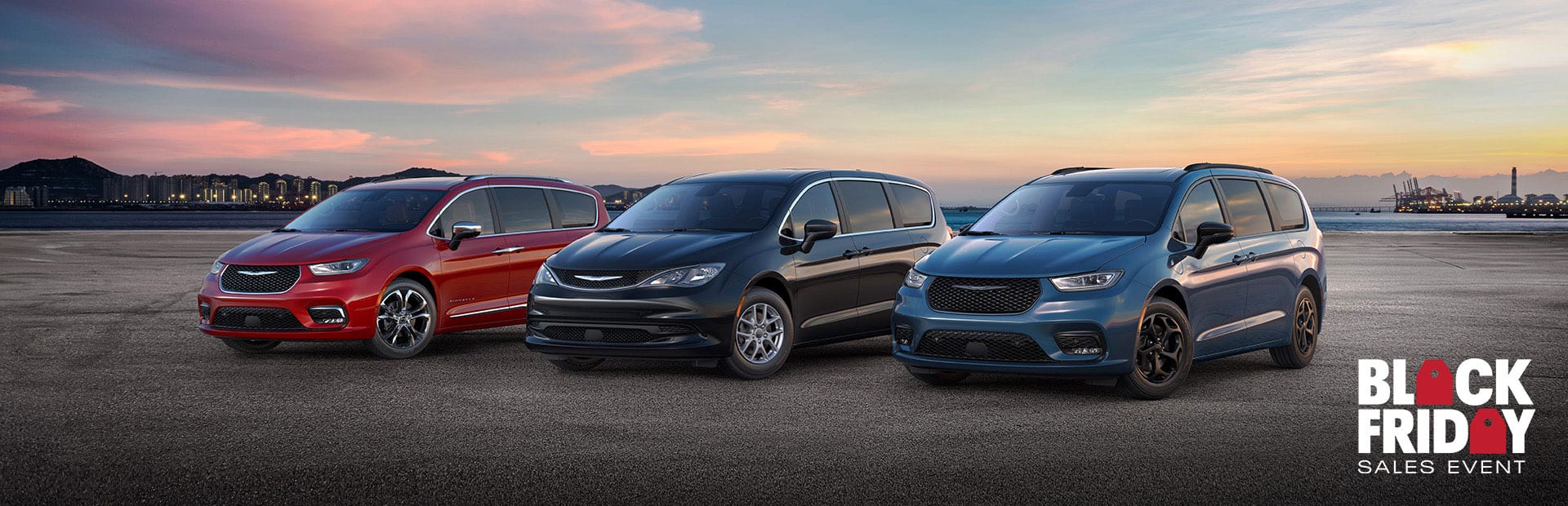 The 2025 Chrysler Brand minivan lineup: from left to right, a red Chrysler Pacifica Pinnacle, a black Chrysler Voyager LX and a blue Chrysler Pacifica Hybrid Select with the Premium S Appearance Package. Black Friday Sales Event.