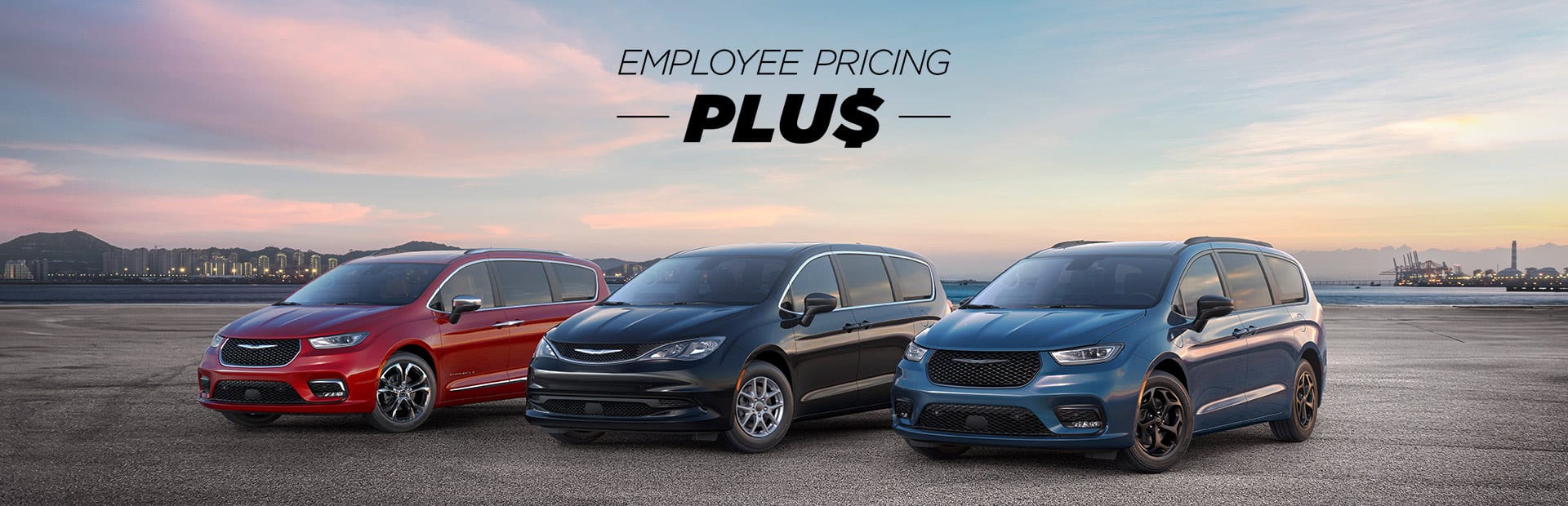 The 2025 Chrysler Brand minivan lineup: from left to right, a red Chrysler Pacifica Pinnacle, a black Chrysler Voyager LX and a blue Chrysler Pacifica Hybrid Select with the Premium S Appearance Package. Employee Pricing Plus sales event.