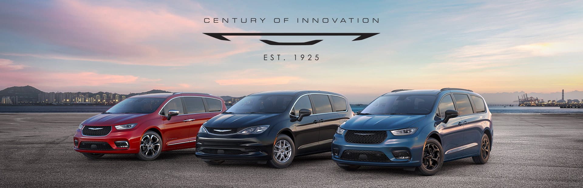 The 2025 Chrysler Brand minivan lineup: from left to right, a red Chrysler Pacifica Pinnacle, a black Chrysler Voyager LX and a blue Chrysler Pacifica Hybrid Select with the Premium S Appearance Package. Century of Innovation.