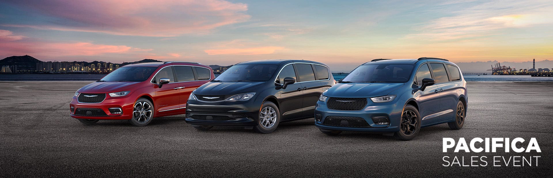 The 2025 Chrysler Brand minivan lineup: from left to right, a red Chrysler Pacifica Pinnacle, a black Chrysler Voyager LX and a blue Chrysler Pacifica Hybrid Select with the Premium S Appearance Package. Chrysler Pacifica sales event.
