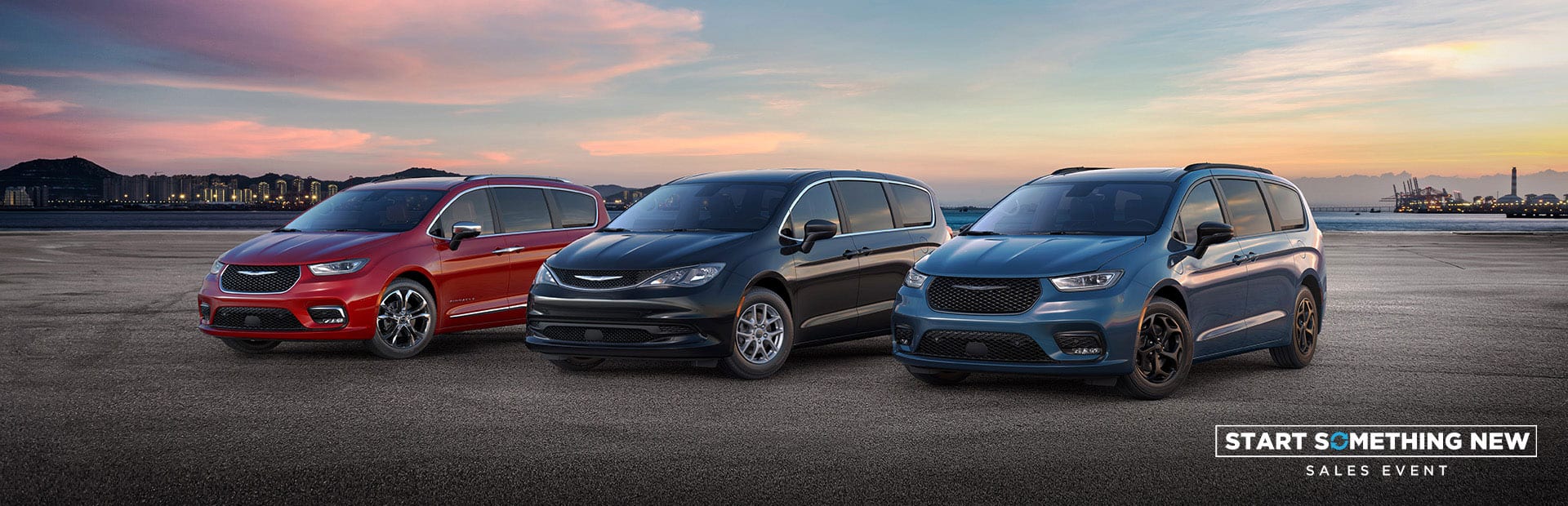 The 2025 Chrysler Brand minivan lineup: from left to right, a red Chrysler Pacifica Pinnacle, a black Chrysler Voyager LX and a blue Chrysler Pacifica Hybrid Select with the Premium S Appearance Package. Start Something New Sales Event.