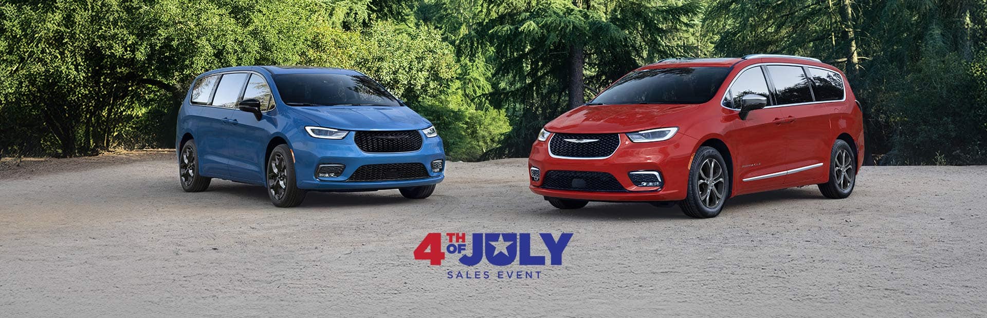 A blue 2026 Chrysler Pacifica Limited with the S Appearance Package and a red 2026 Chrysler Pacifica Pinnacle parked perpendicular to each other. 4th of July Sales Event.