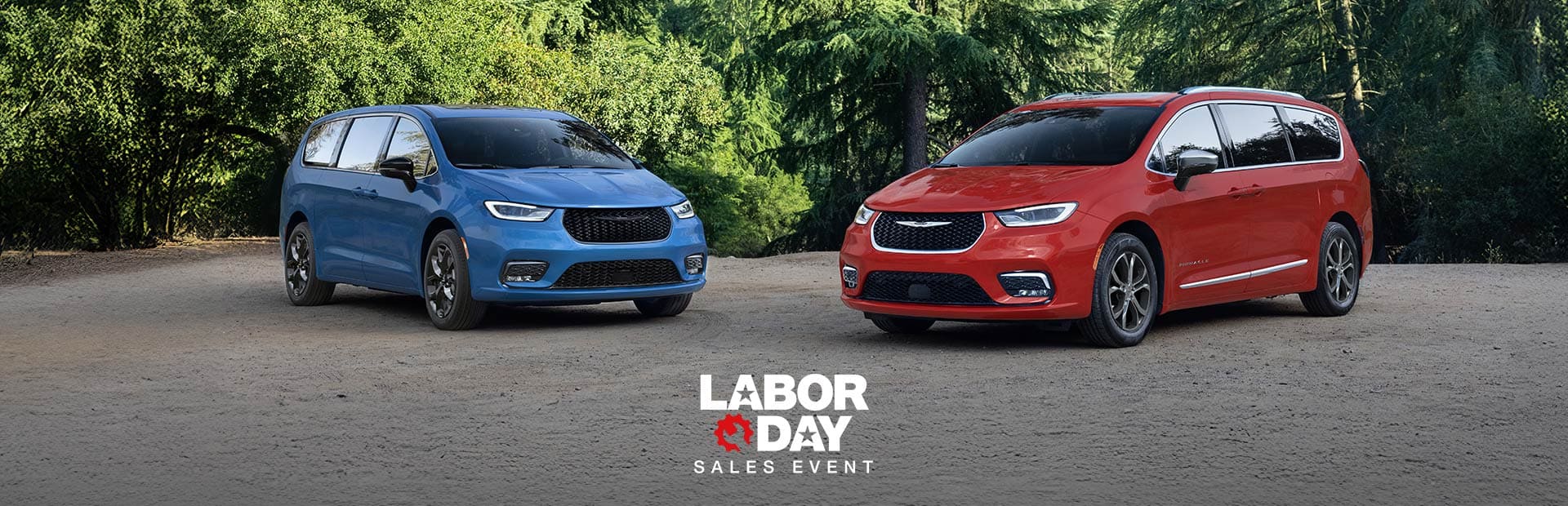 A blue 2026 Chrysler Pacifica Limited with the S Appearance Package and a red 2026 Chrysler Pacifica Pinnacle parked perpendicular to each other. Labor day Sales Event.