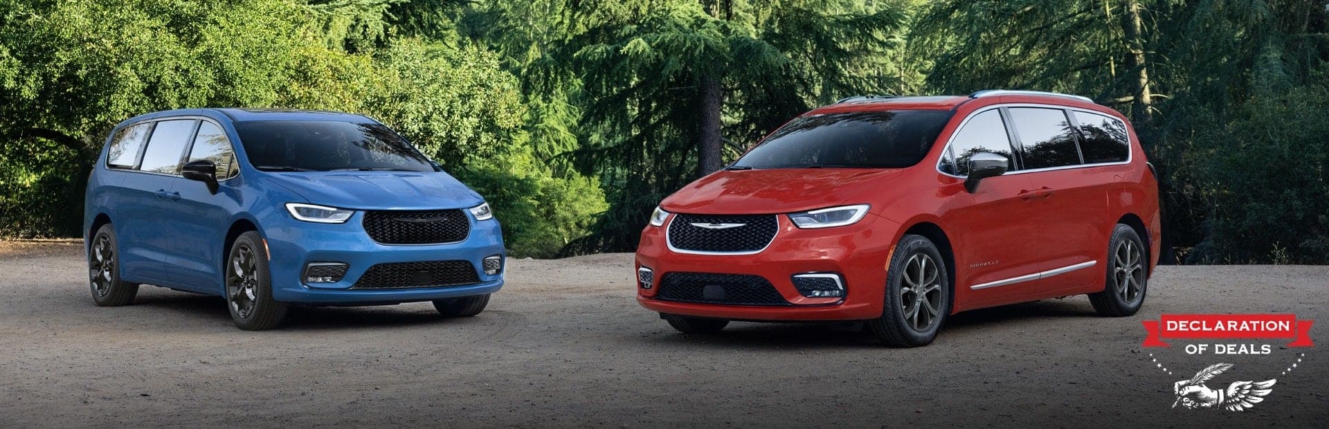 A blue 2026 Chrysler Pacifica Limited with the S Appearance Package and a red 2026 Chrysler Pacifica Pinnacle parked perpendicular to each other. Declaration of Deals Sales Event.
