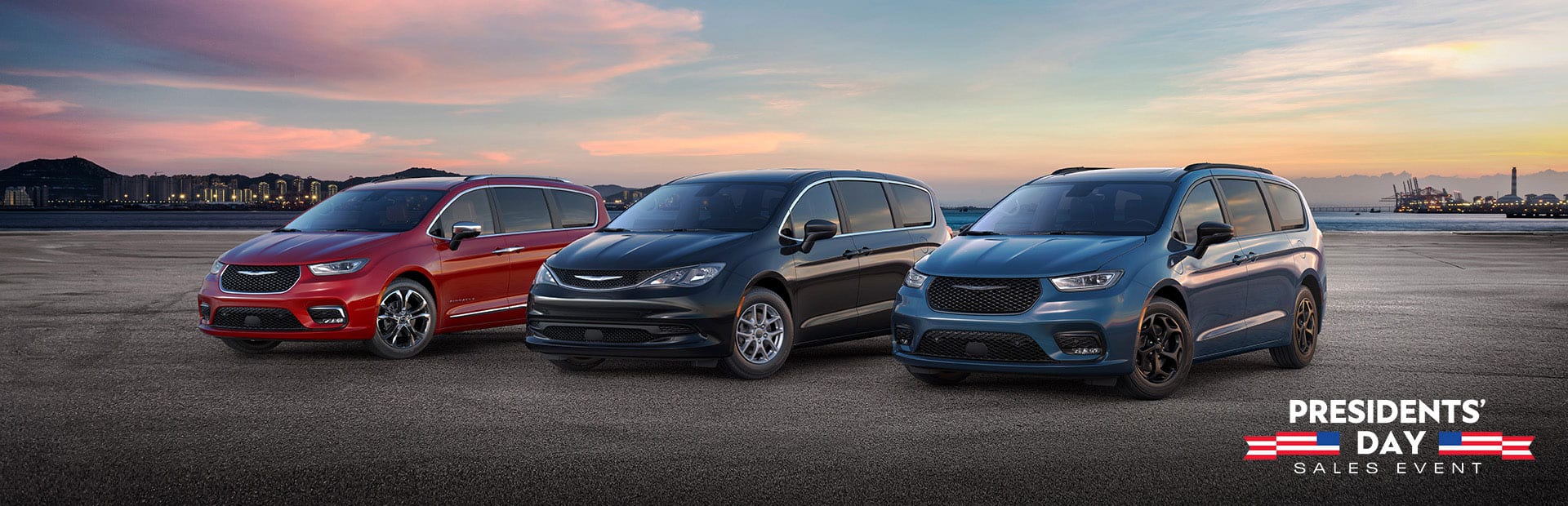 The 2025 Chrysler Brand minivan lineup: from left to right, a red Chrysler Pacifica Pinnacle, a black Chrysler Voyager LX and a blue Chrysler Pacifica Hybrid Select with the Premium S Appearance Package. Presidents' Day Sales Event.