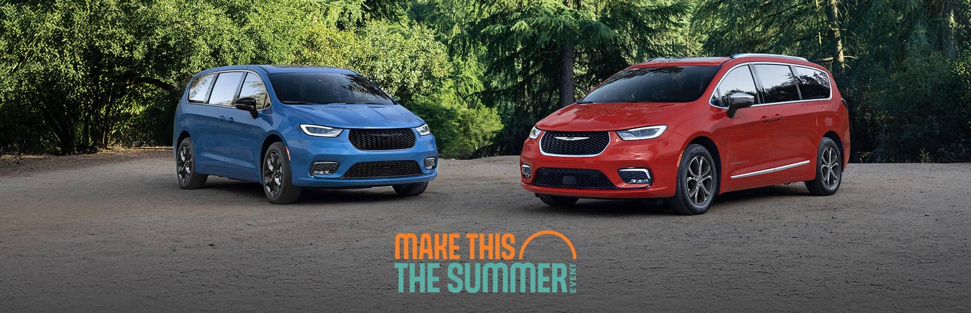 A blue 2026 Chrysler Pacifica Limited with the S Appearance Package and a red 2026 Chrysler Pacifica Pinnacle parked perpendicular to each other. Make this the Sumemr Sales Event.