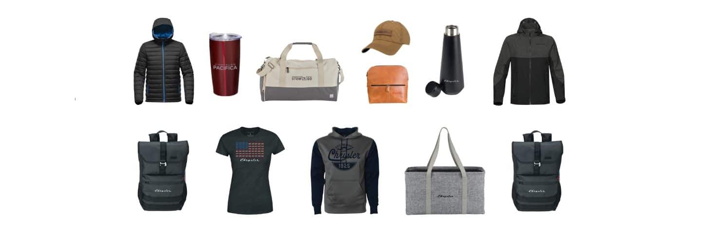 A sampling of Chrysler Brand merchandise including jackets, backpacks, caps, luggage, shirts and mugs.