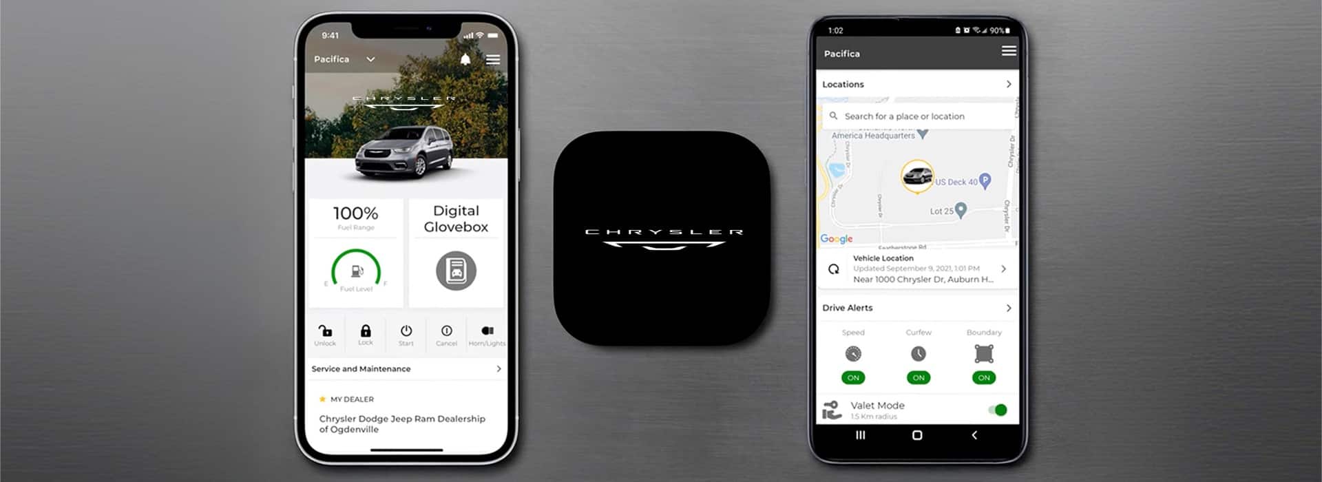Two smartphones with pages from the Chrysler app.