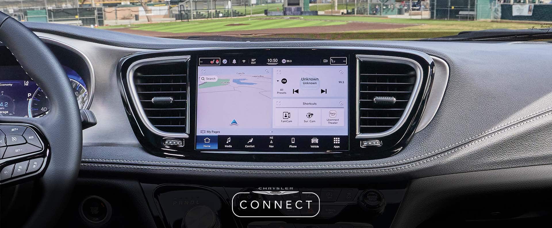 The instrumentation in the 2026 Chrysler Pacifica, including the steering wheel, Digital Cluster Display, Uconnect touchscreen and center stack controls.