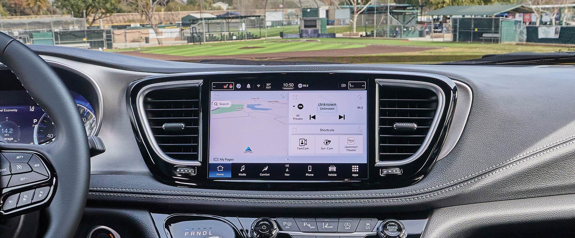 The instrumentation in the 2026 Chrysler Pacifica, including the steering wheel, Digital Cluster Display, Uconnect touchscreen and center stack controls.