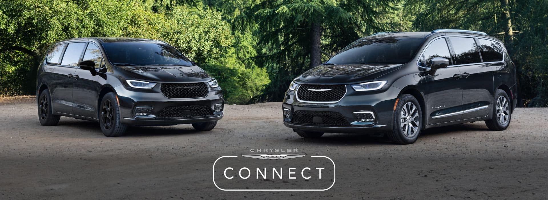 Two black 2026 Chrysler Pacifica models parked perpendicular to each other at a park. On the left a Pacifica Limited and on the right a Pacifica Pinnacle. The Chrysler Connect logo.